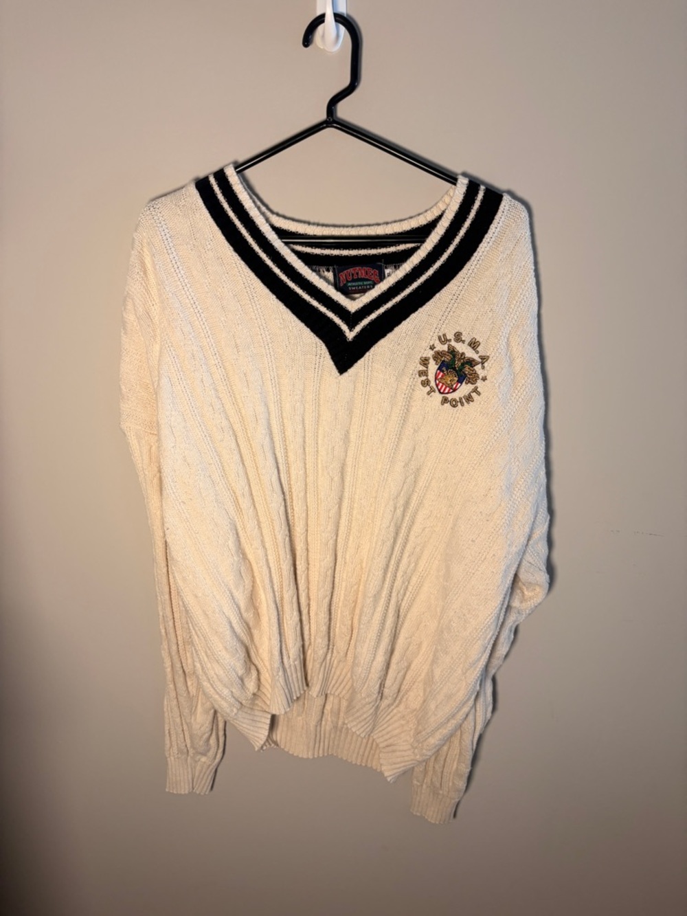 Polo Sport Cream Cable-Knit V-Neck West Point Sweater with Black Trim